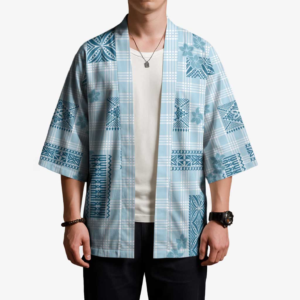 Hawaiian Quilt Tapa On Cold Blue Palaka Motifs Kimono LT7 - Polynesian Pride