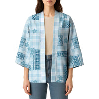 Hawaiian Quilt Tapa On Cold Blue Palaka Motifs Kimono LT7 - Polynesian Pride