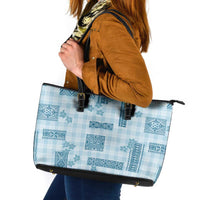 Hawaiian Quilt Tapa On Cold Blue Palaka Motifs Leather Tote Bag LT7 Azure - Polynesian Pride