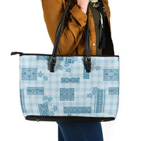 Hawaiian Quilt Tapa On Cold Blue Palaka Motifs Leather Tote Bag LT7 - Polynesian Pride