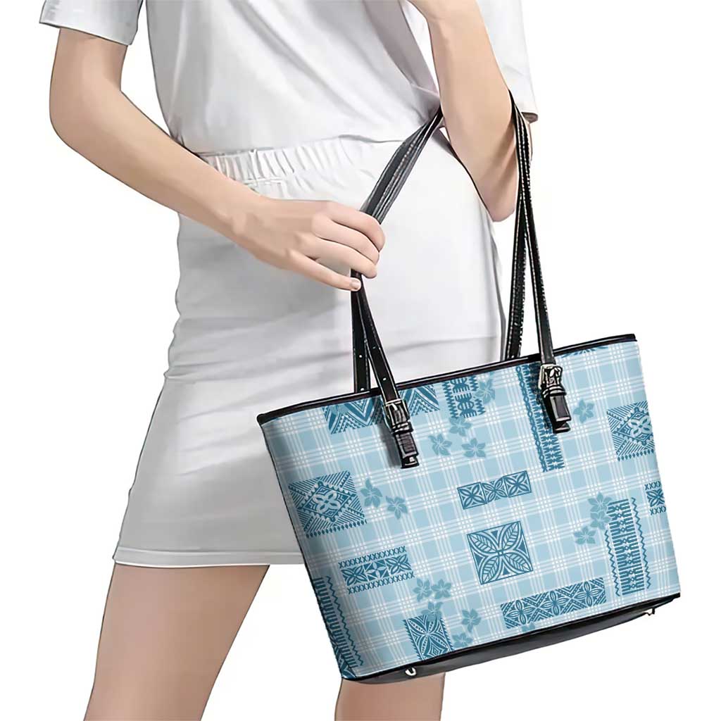 Hawaiian Quilt Tapa On Cold Blue Palaka Motifs Leather Tote Bag LT7 - Polynesian Pride