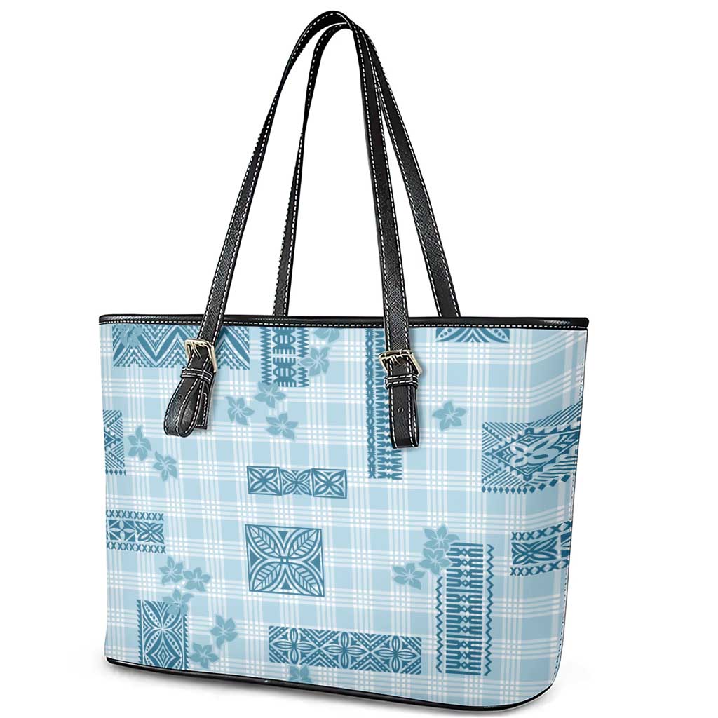 Hawaiian Quilt Tapa On Cold Blue Palaka Motifs Leather Tote Bag LT7 - Polynesian Pride