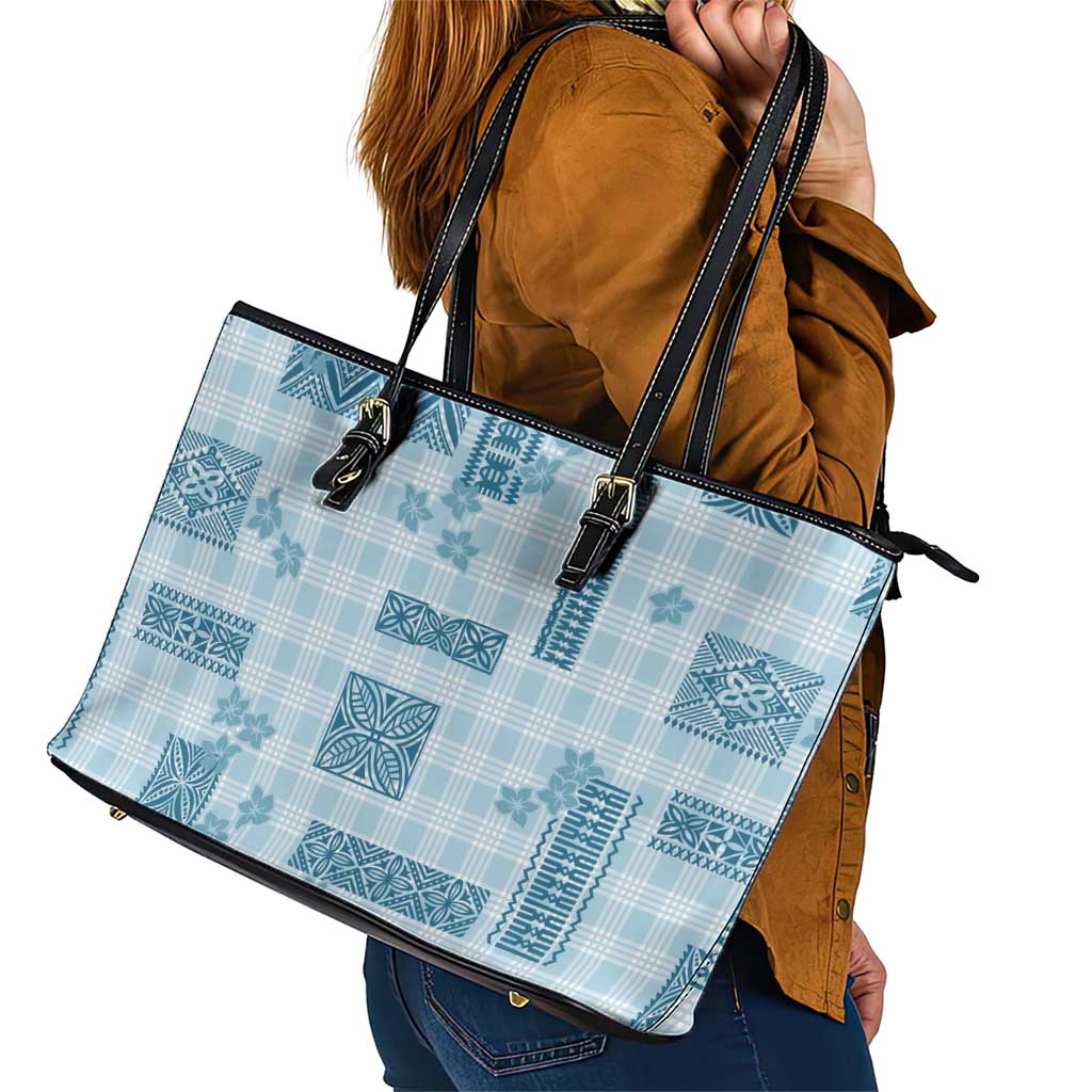 Hawaiian Quilt Tapa On Cold Blue Palaka Motifs Leather Tote Bag LT7 - Polynesian Pride