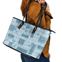 Hawaiian Quilt Tapa On Cold Blue Palaka Motifs Leather Tote Bag LT7 - Polynesian Pride