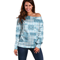 Hawaiian Quilt Tapa On Cold Blue Palaka Motifs Off Shoulder Sweater LT7 Women Azure - Polynesian Pride
