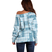 Hawaiian Quilt Tapa On Cold Blue Palaka Motifs Off Shoulder Sweater LT7 - Polynesian Pride