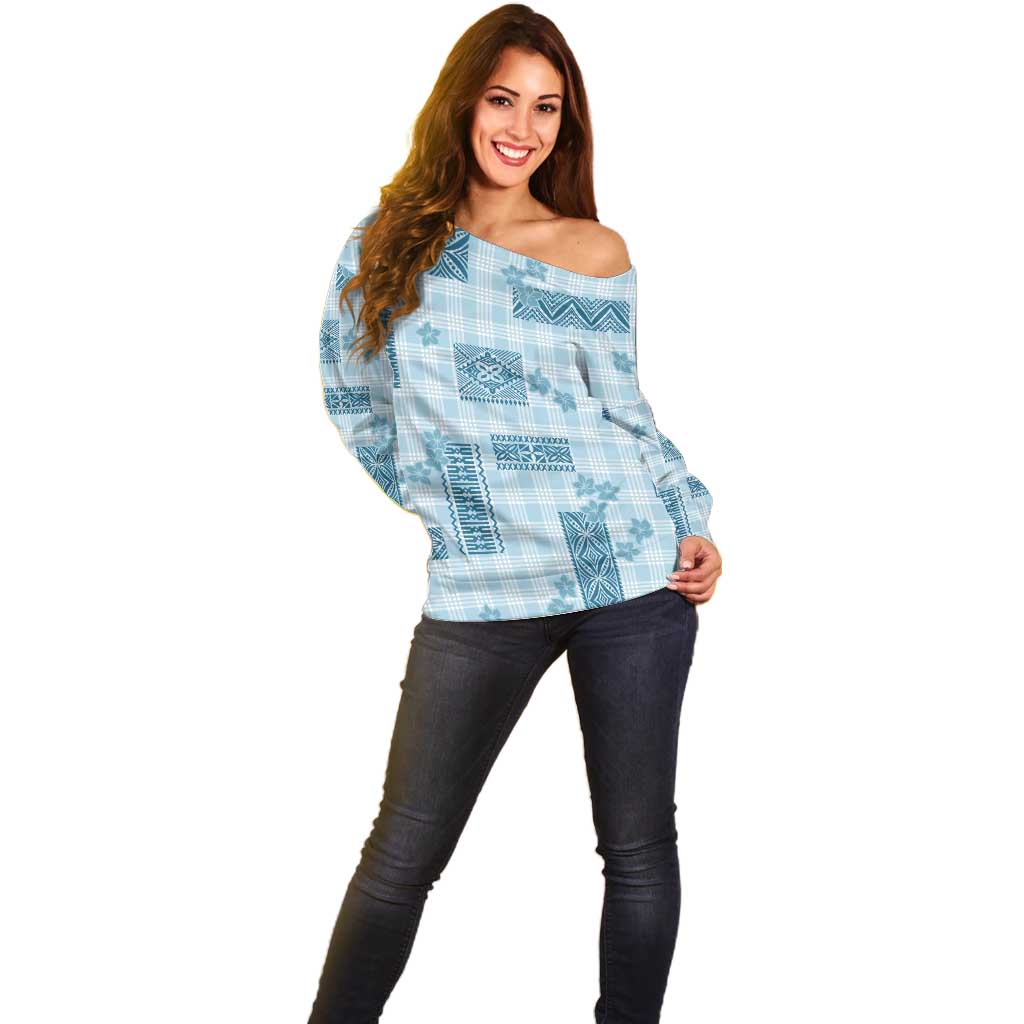 Hawaiian Quilt Tapa On Cold Blue Palaka Motifs Off Shoulder Sweater LT7 - Polynesian Pride