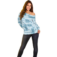 Hawaiian Quilt Tapa On Cold Blue Palaka Motifs Off Shoulder Sweater LT7 - Polynesian Pride