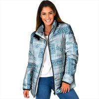 Hawaiian Quilt Tapa On Cold Blue Palaka Motifs Padded Jacket LT7 Women Azure - Polynesian Pride