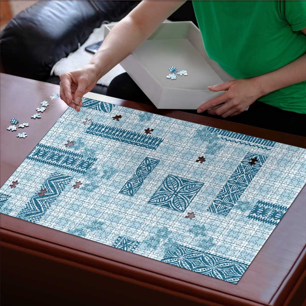 Hawaiian Quilt Tapa On Cold Blue Palaka Motifs Puzzle LT7 - Polynesian Pride