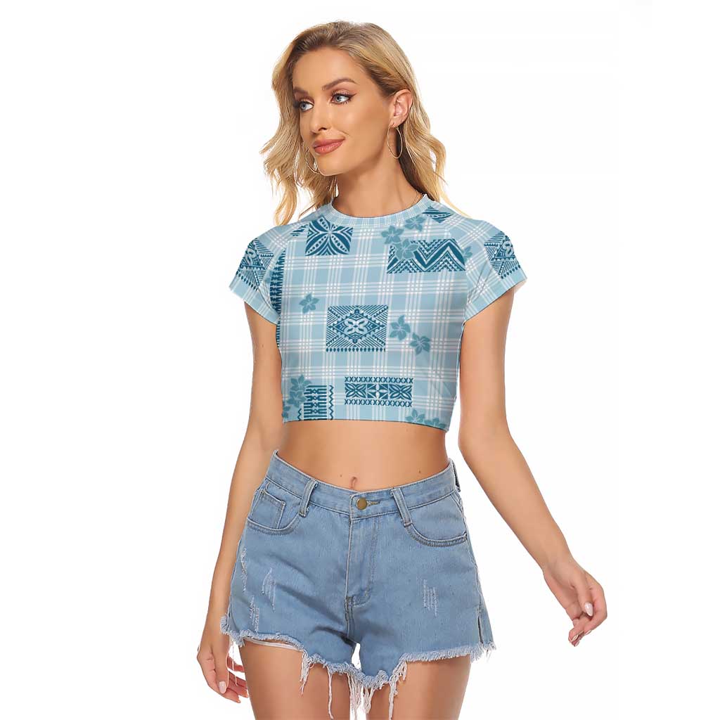 Hawaiian Quilt Tapa On Cold Blue Palaka Motifs Raglan Cropped T Shirt LT7 Female Azure - Polynesian Pride
