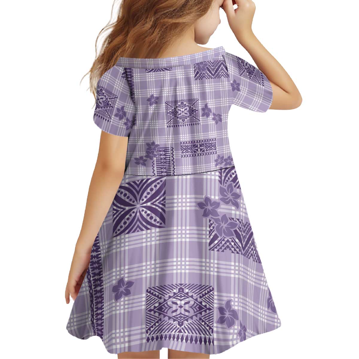 Hawaiian Quilt Tapa On Lilac Palaka Motifs Kid Short Sleeve Dress LT7 - Polynesian Pride