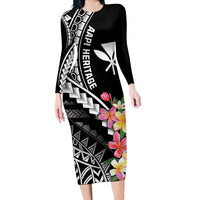 AAPI Heritage Month Long Sleeve Bodycon Dress Kanaka Hawaii Plumeria LT7 Long Dress Black - Polynesian Pride