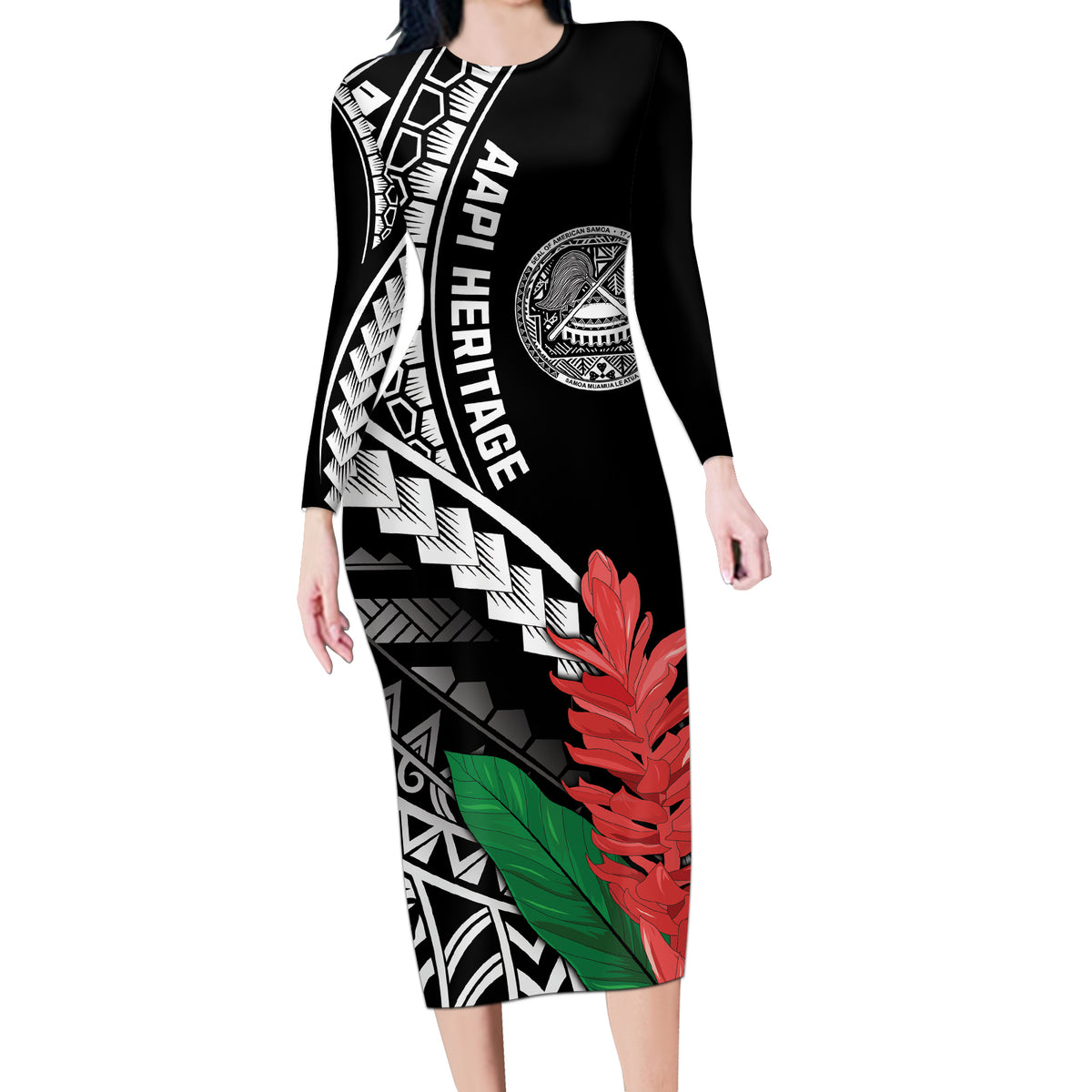 AAPI Heritage Month Long Sleeve Bodycon Dress Samoa Teuila LT7 Long Dress Black - Polynesian Pride
