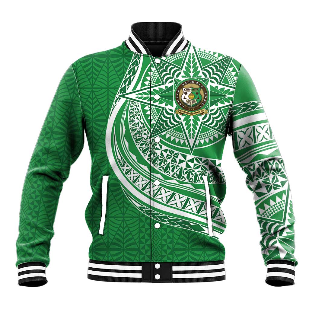 Tonga Liahona High School Personalized Baseball Jacket Ngatu Tokelaufeletoa Motifs LT7 Unisex Green - Polynesian Pride