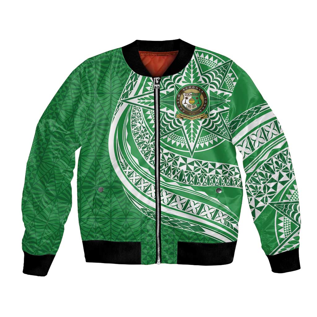 Tonga Liahona High School Personalized Bomber Jacket Ngatu Tokelaufeletoa Motifs LT7 Unisex Green - Polynesian Pride