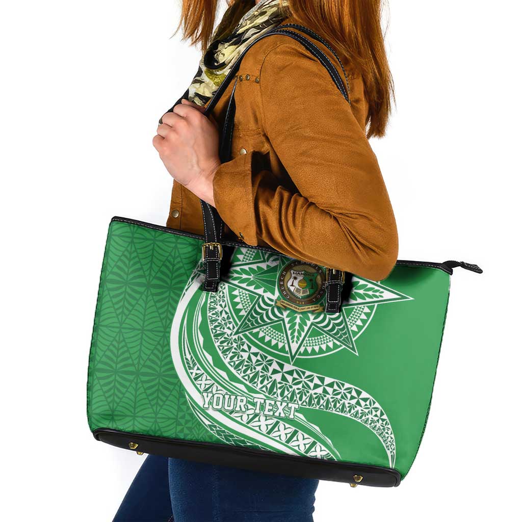 Tonga Liahona High School Personalized Leather Tote Bag Ngatu Tokelaufeletoa Motifs LT7 Green - Polynesian Pride