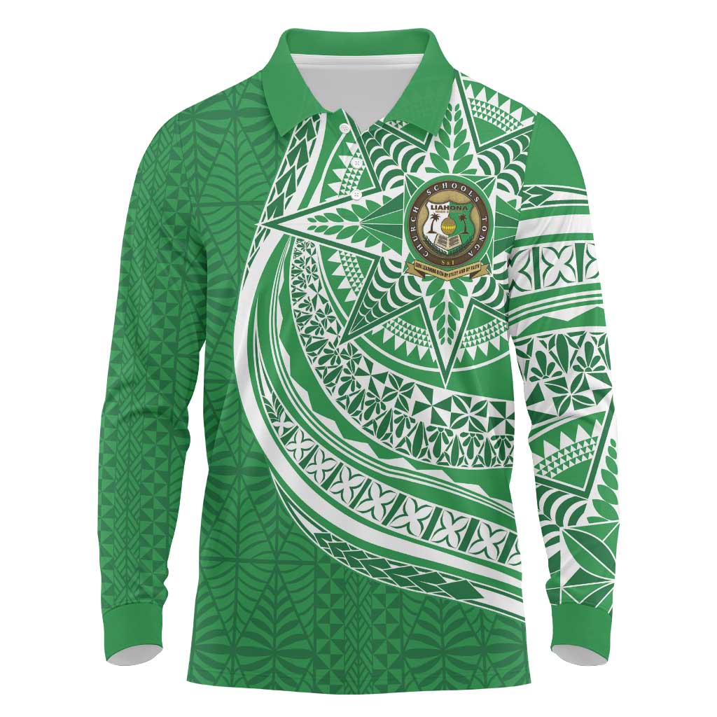 Tonga Liahona High School Personalized Long Sleeve Polo Shirt Ngatu Tokelaufeletoa Motifs LT7 Green - Polynesian Pride