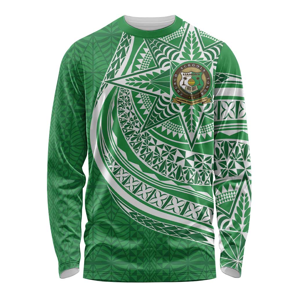 Tonga Liahona High School Personalized Long Sleeve Shirt Ngatu Tokelaufeletoa Motifs LT7 Unisex Green - Polynesian Pride
