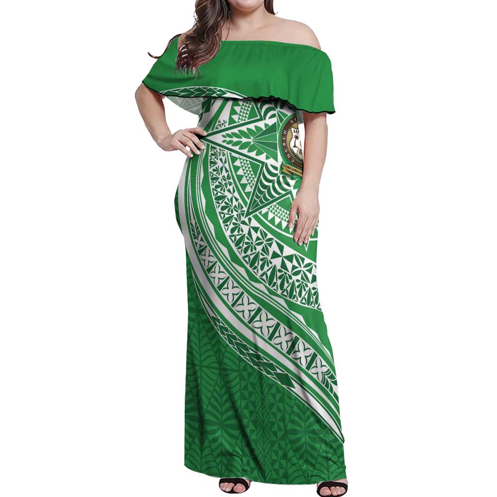 Tonga Liahona High School Personalized Off Shoulder Maxi Dress Ngatu Tokelaufeletoa Motifs LT7 Women Green - Polynesian Pride