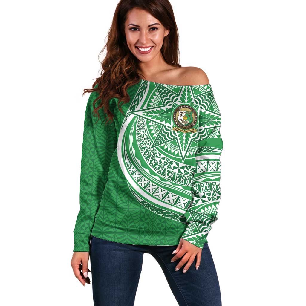 Tonga Liahona High School Personalized Off Shoulder Sweater Ngatu Tokelaufeletoa Motifs LT7 Women Green - Polynesian Pride