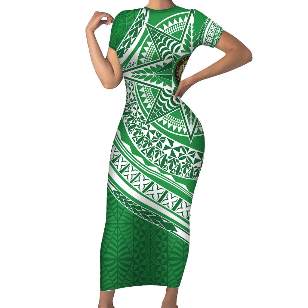 Tonga Liahona High School Personalized Short Sleeve Bodycon Dress Ngatu Tokelaufeletoa Motifs LT7 Long Dress Green - Polynesian Pride