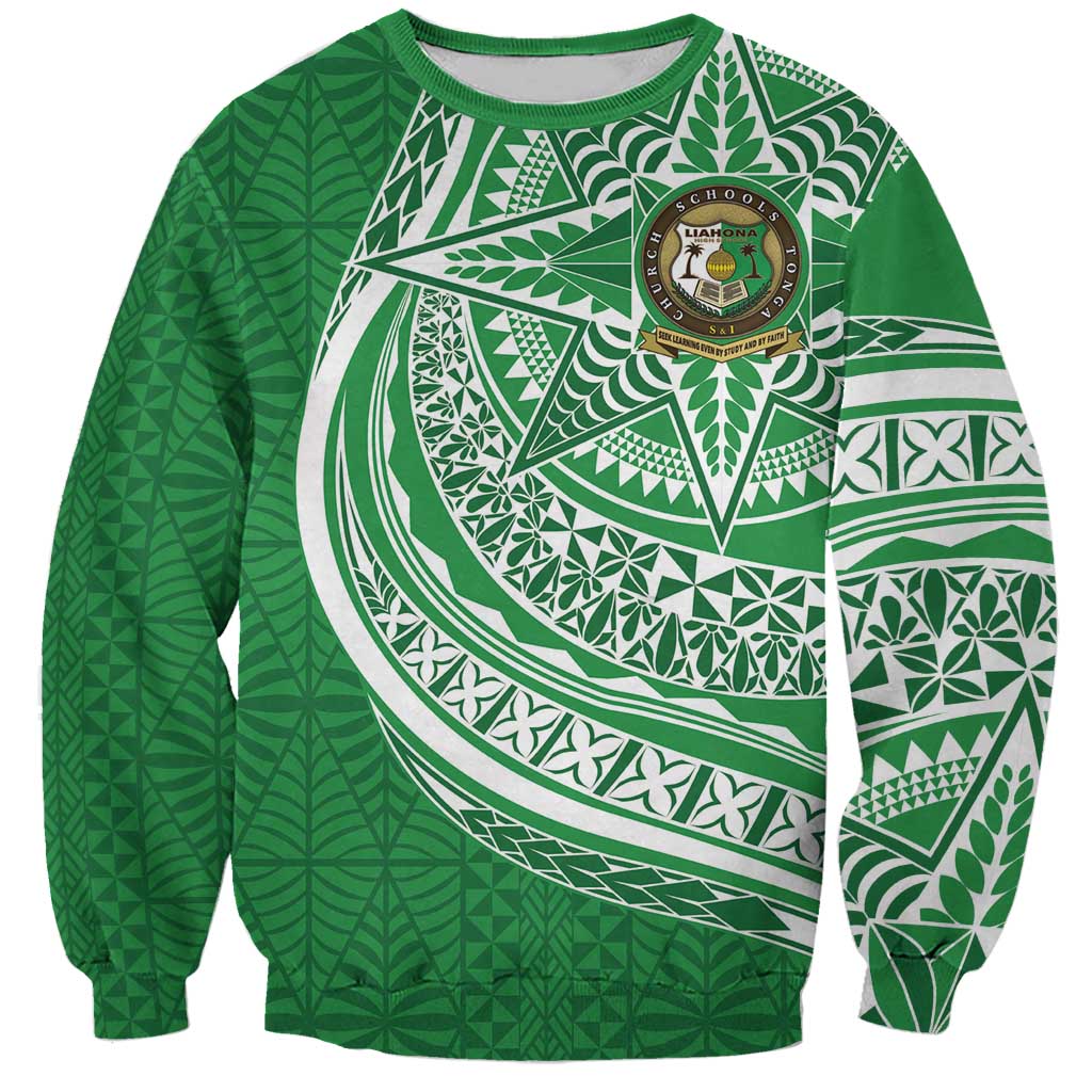 Tonga Liahona High School Personalized Sweatshirt Ngatu Tokelaufeletoa Motifs LT7 Unisex Green - Polynesian Pride