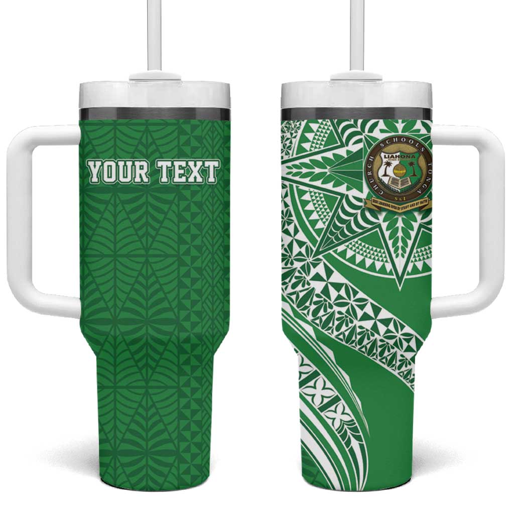 Tonga Liahona High School Personalized Tumbler With Handle Ngatu Tokelaufeletoa Motifs LT7 One Size: 40 oz Green - Polynesian Pride