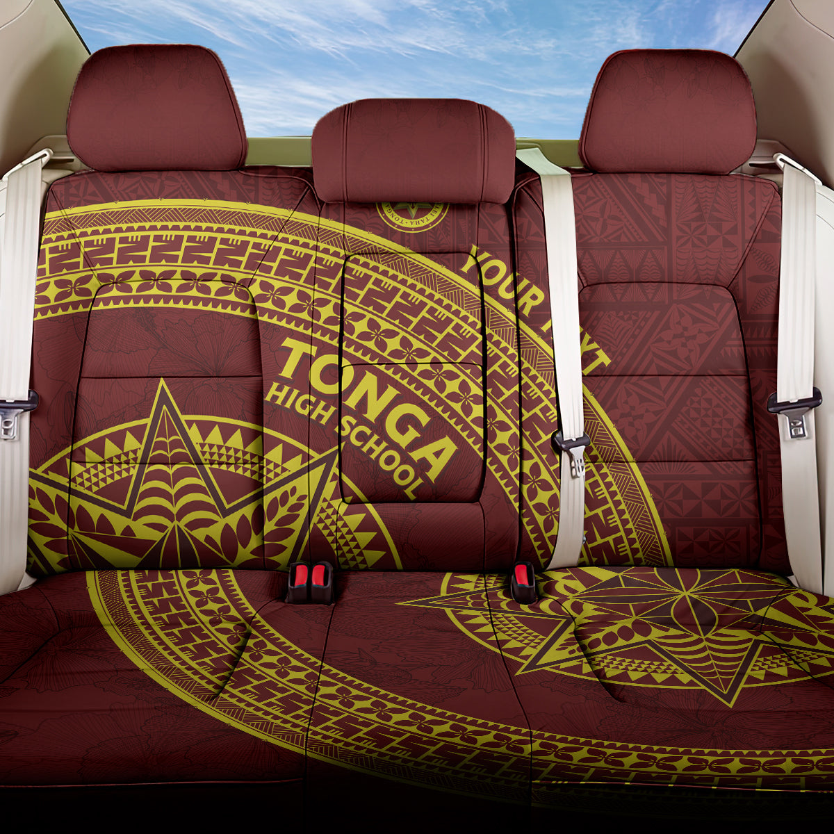 Tonga High School Back Car Seat Cover THS Anniversary Ngatu Motif LT7 One Size Maroon - Polynesian Pride