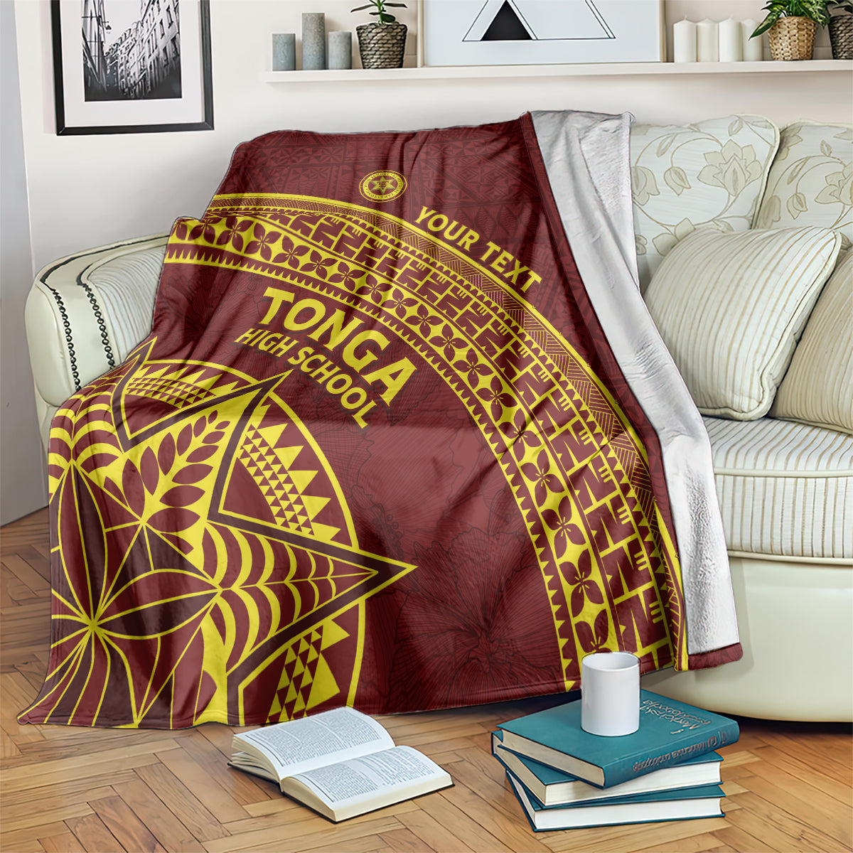 Tonga High School Blanket THS Anniversary Ngatu Motif LT7 Maroon - Polynesian Pride