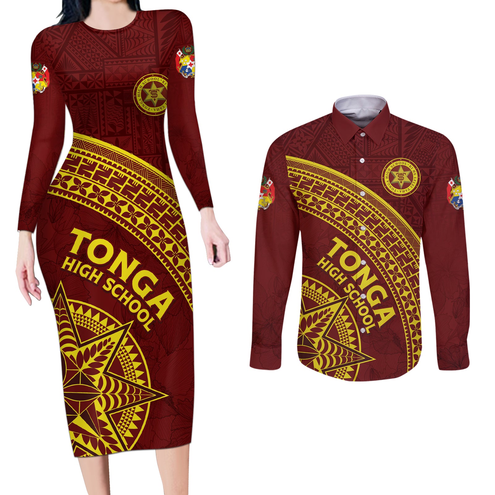 Tonga High School Couples Matching Long Sleeve Bodycon Dress and Long Sleeve Button Shirt THS Anniversary Ngatu Motif