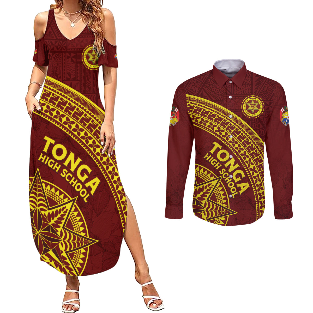 Tonga High School Couples Matching Summer Maxi Dress and Long Sleeve Button Shirt THS Anniversary Ngatu Motif