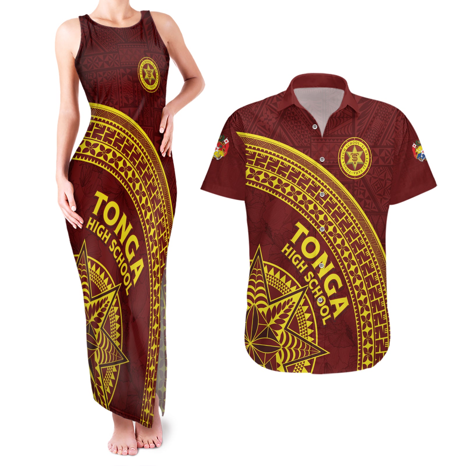 Tonga High School Couples Matching Tank Maxi Dress and Hawaiian Shirt THS Anniversary Ngatu Motif