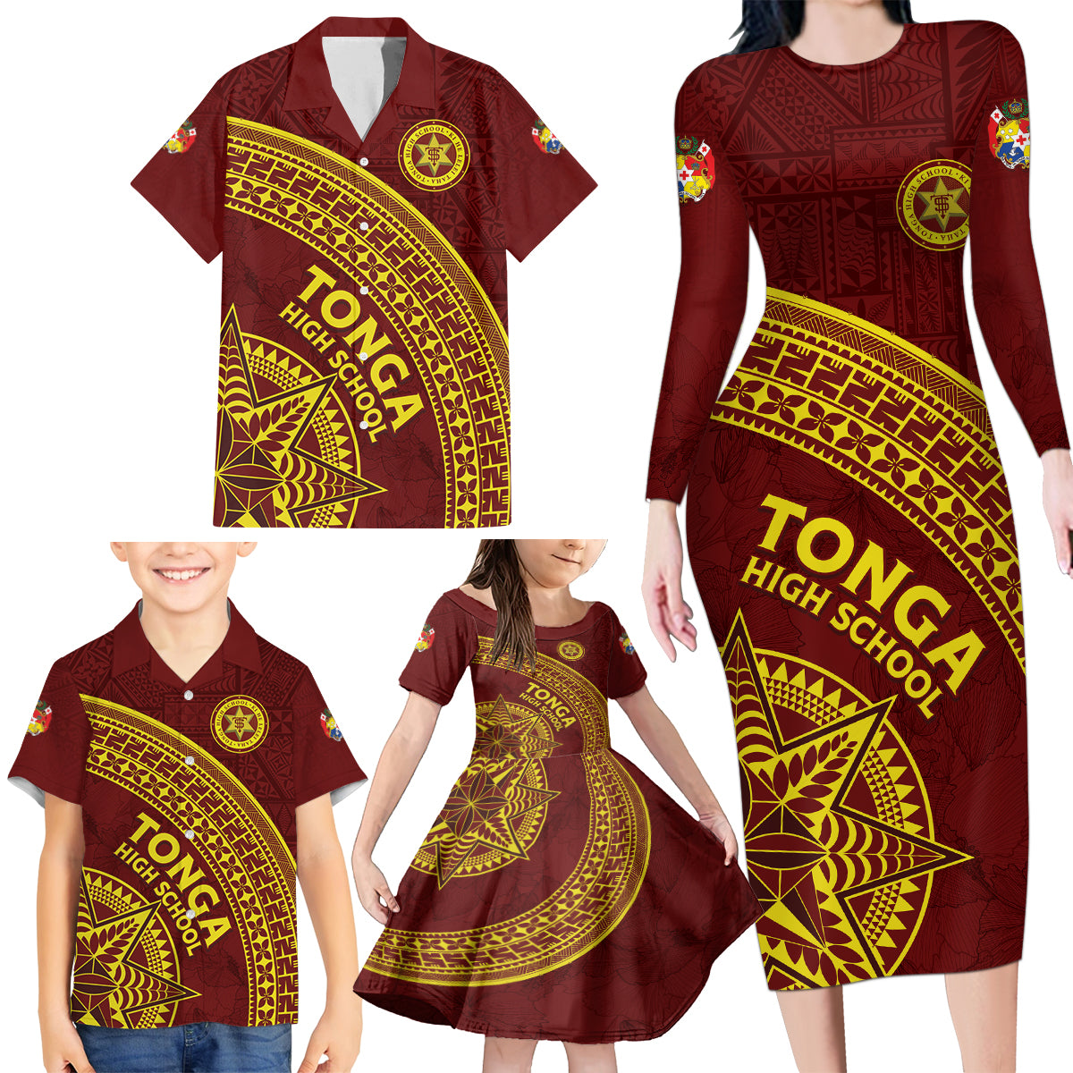 Tonga High School Family Matching Long Sleeve Bodycon Dress and Hawaiian Shirt THS Anniversary Ngatu Motif