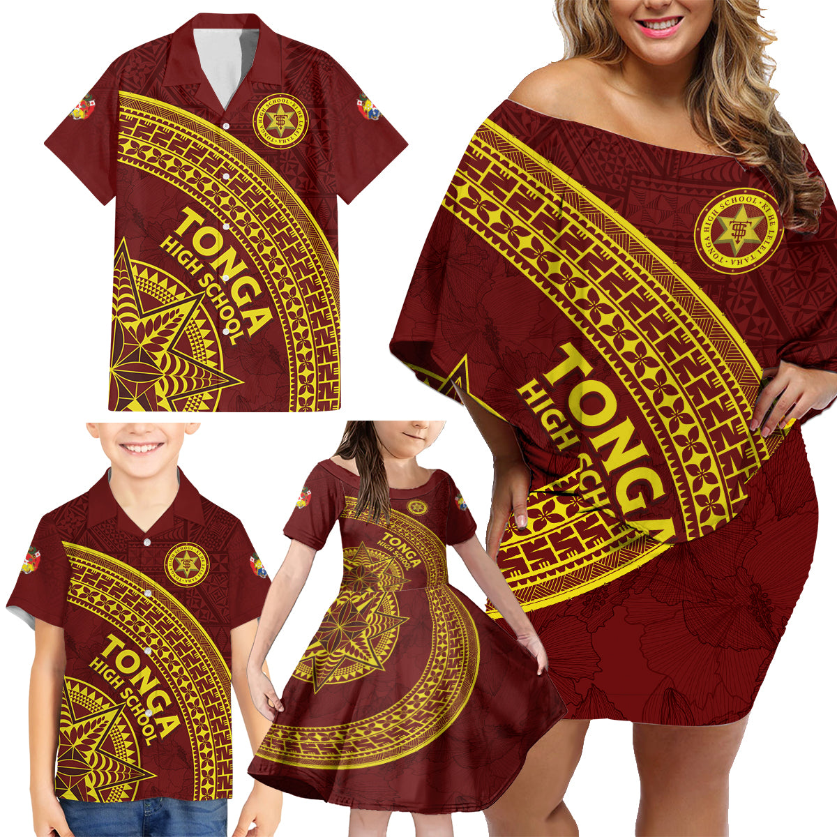 Tonga High School Family Matching Off Shoulder Short Dress and Hawaiian Shirt THS Anniversary Ngatu Motif