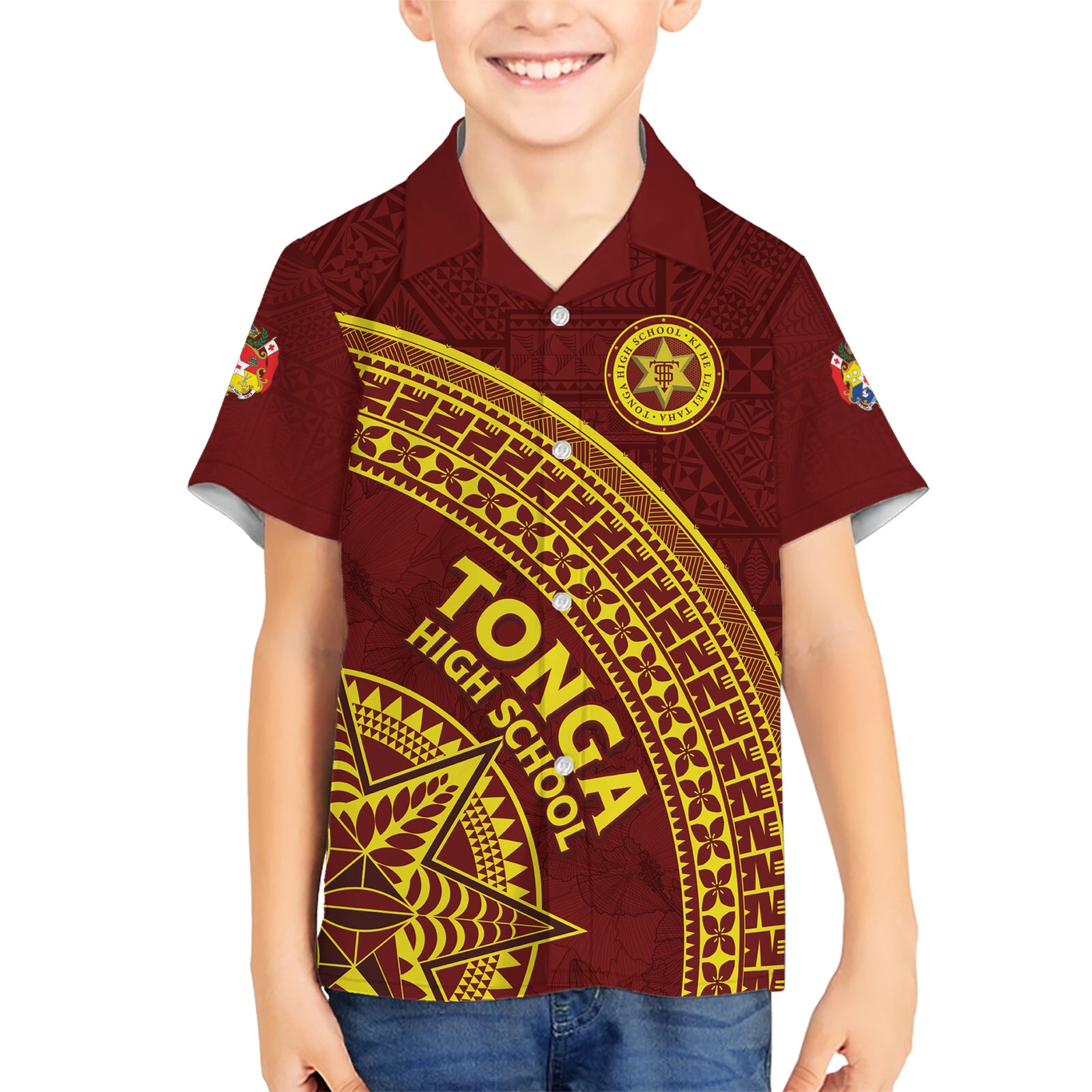 Tonga High School Kid Hawaiian Shirt THS Anniversary Ngatu Motif LT7 Kid Maroon - Polynesian Pride