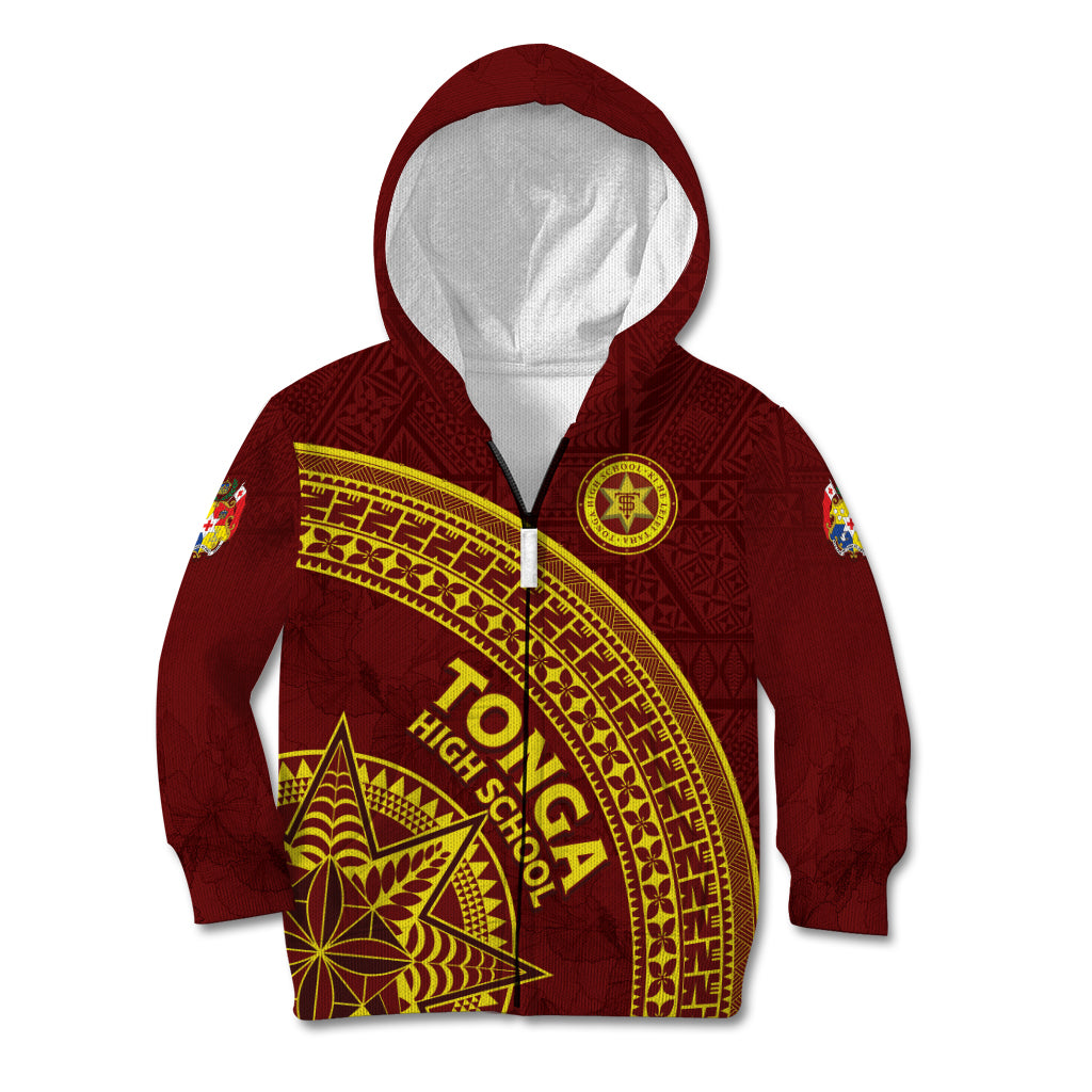 Tonga High School Kid Hoodie THS Anniversary Ngatu Motif LT7 Zip Hoodie Maroon - Polynesian Pride