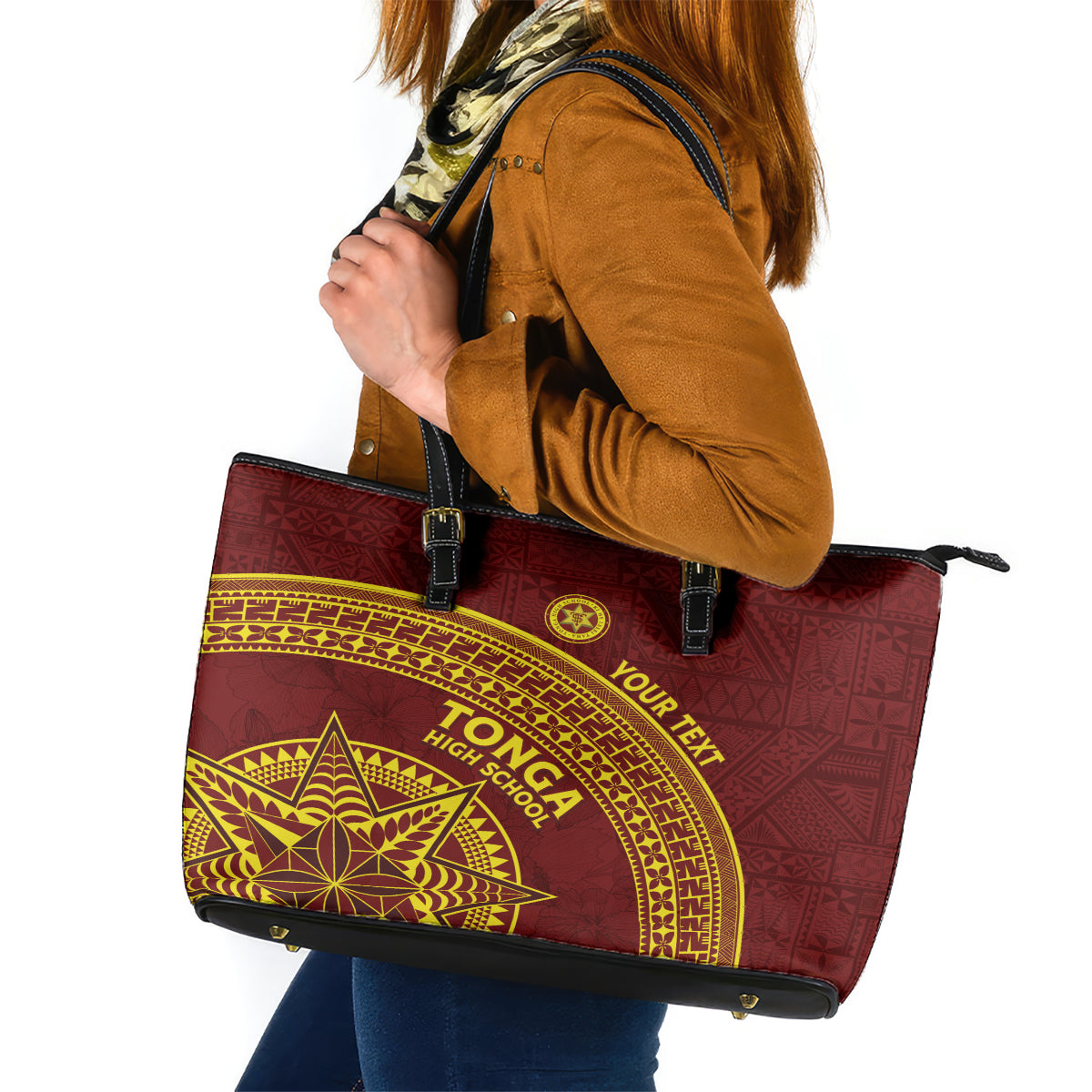 Tonga High School Leather Tote Bag THS Anniversary Ngatu Motif LT7 Maroon - Polynesian Pride