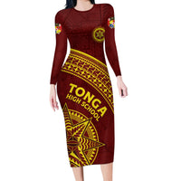 Tonga High School Long Sleeve Bodycon Dress THS Anniversary Ngatu Motif LT7 Long Dress Maroon - Polynesian Pride