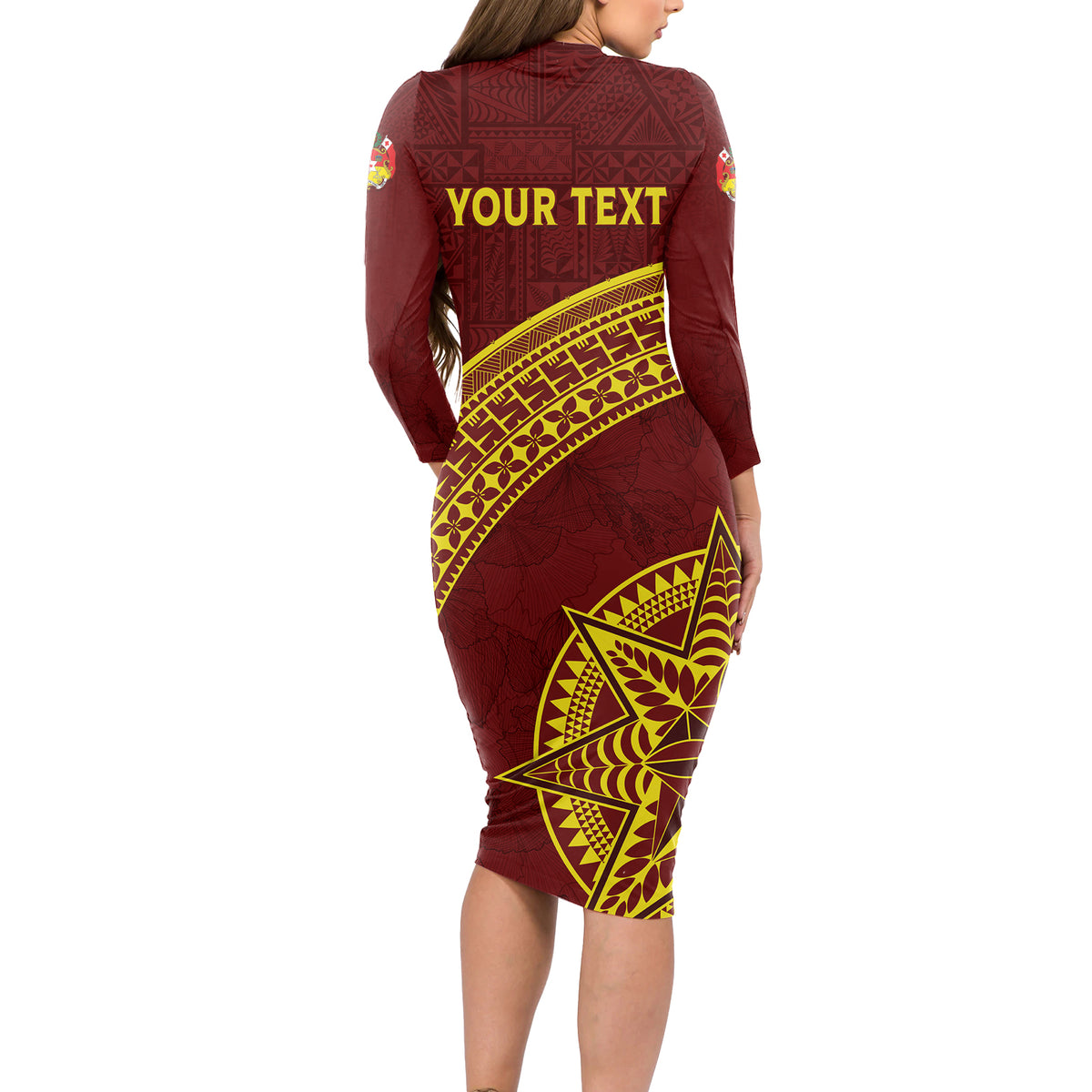 Tonga High School Long Sleeve Bodycon Dress THS Anniversary Ngatu Motif LT7 - Polynesian Pride