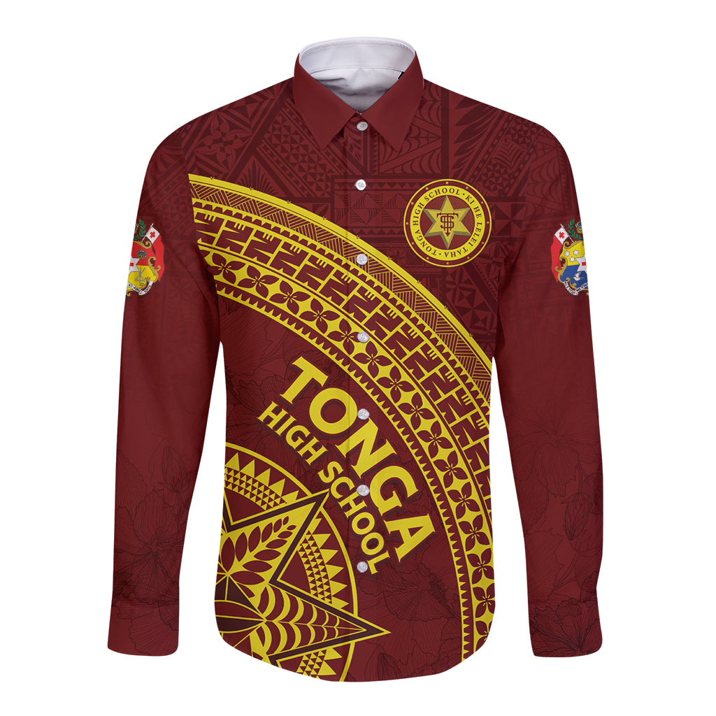 Tonga High School Long Sleeve Button Shirt THS Anniversary Ngatu Motif LT7 Unisex Maroon - Polynesian Pride
