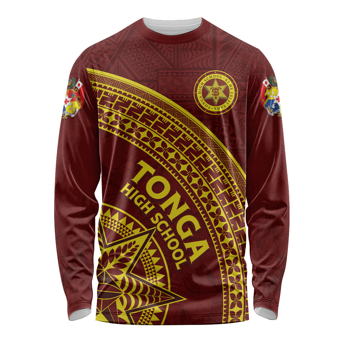 Tonga High School Long Sleeve Shirt THS Anniversary Ngatu Motif LT7 Unisex Maroon - Polynesian Pride
