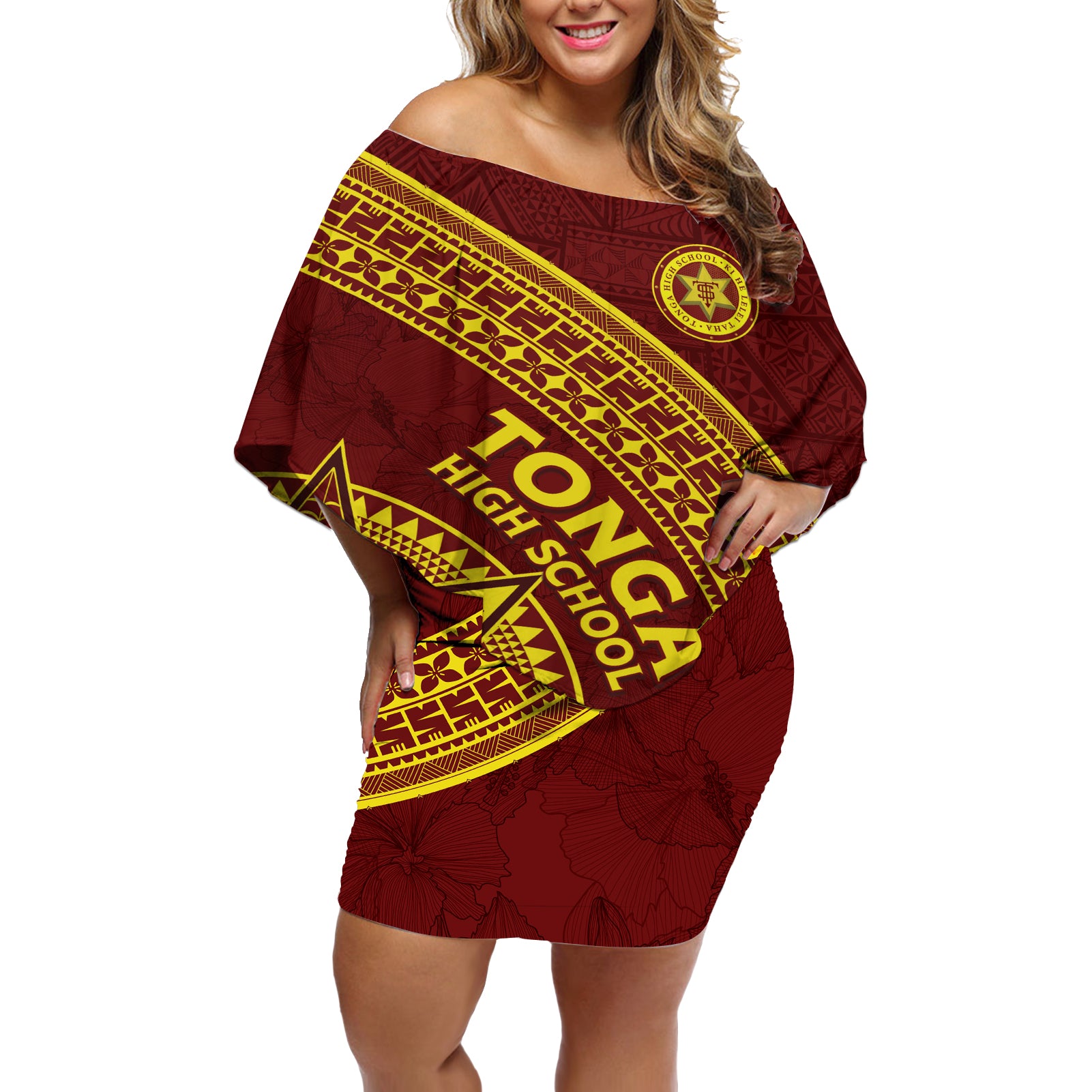 Tonga High School Off Shoulder Short Dress THS Anniversary Ngatu Motif