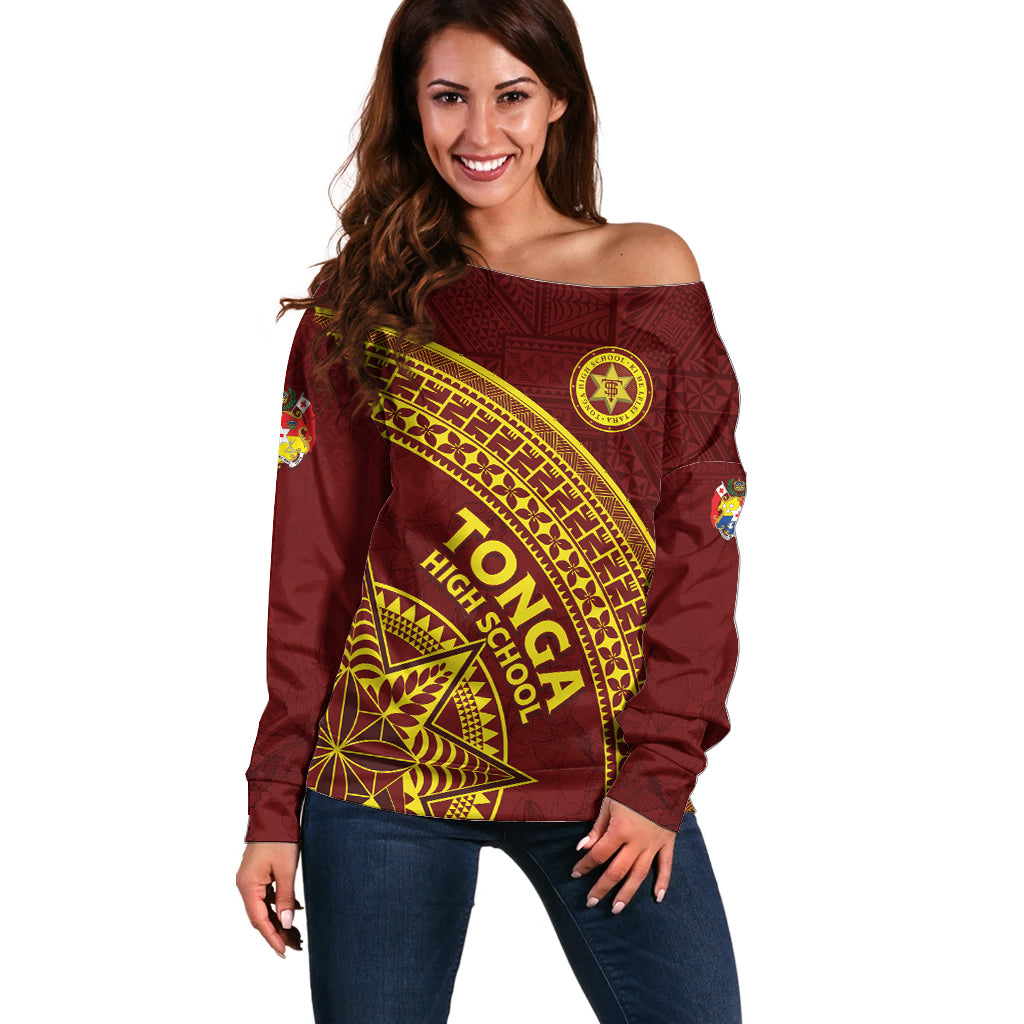 Tonga High School Off Shoulder Sweater THS Anniversary Ngatu Motif