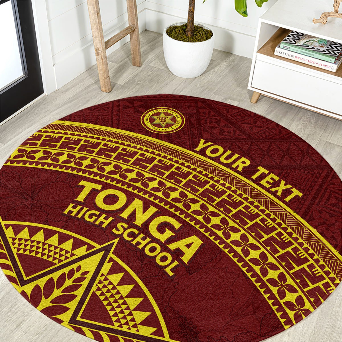 Tonga High School Round Carpet THS Anniversary Ngatu Motif LT7 Maroon - Polynesian Pride