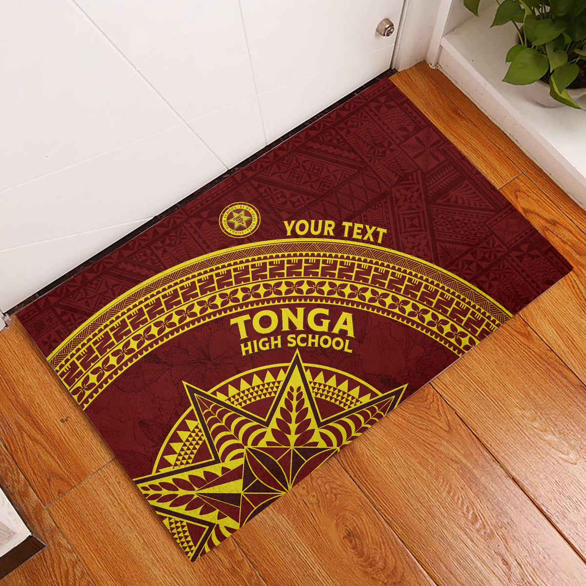 Tonga High School Rubber Doormat THS Anniversary Ngatu Motif LT7 Maroon - Polynesian Pride