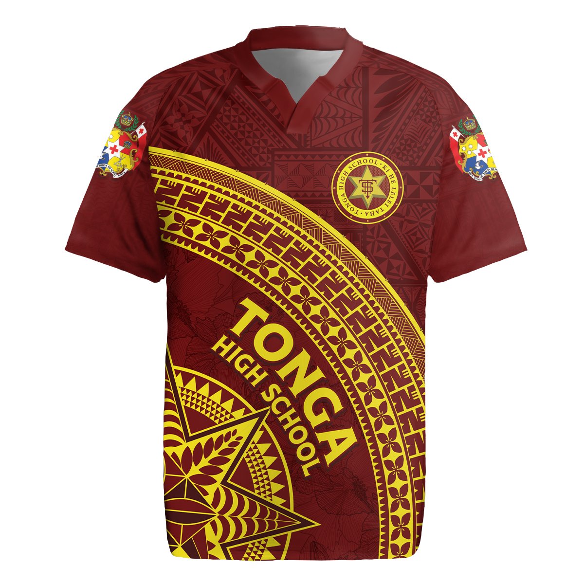 Tonga High School Rugby Jersey THS Anniversary Ngatu Motif LT7 Maroon - Polynesian Pride