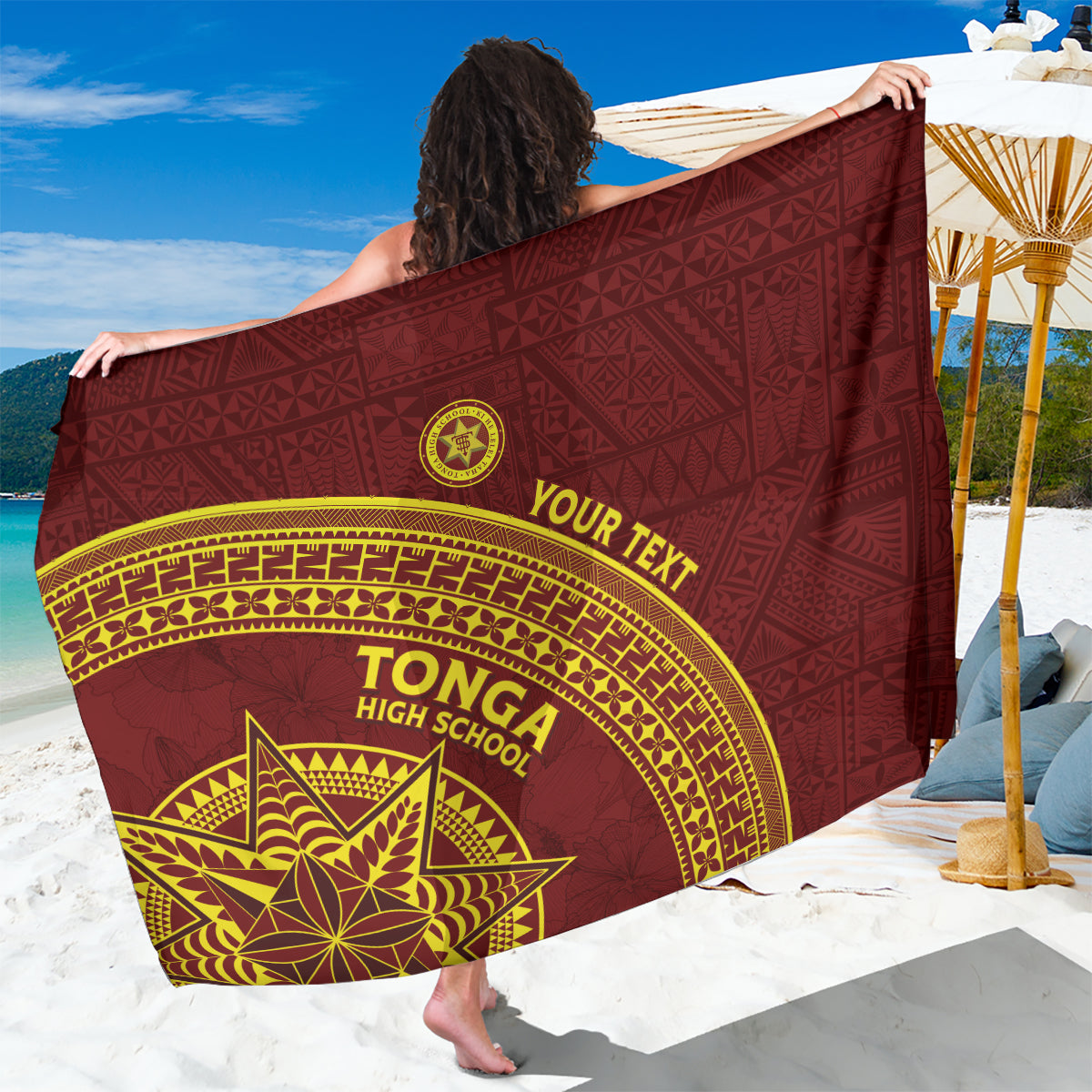 Tonga High School Sarong THS Anniversary Ngatu Motif LT7 One Size 44 x 66 inches Maroon - Polynesian Pride