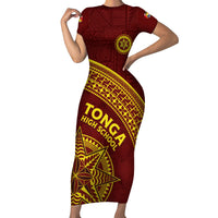 Tonga High School Short Sleeve Bodycon Dress THS Anniversary Ngatu Motif LT7 Long Dress Maroon - Polynesian Pride