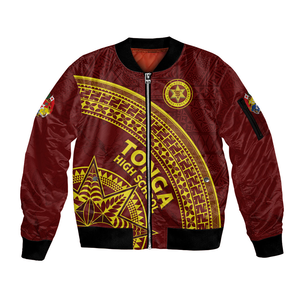 Tonga High School Sleeve Zip Bomber Jacket THS Anniversary Ngatu Motif LT7 Unisex Maroon - Polynesian Pride